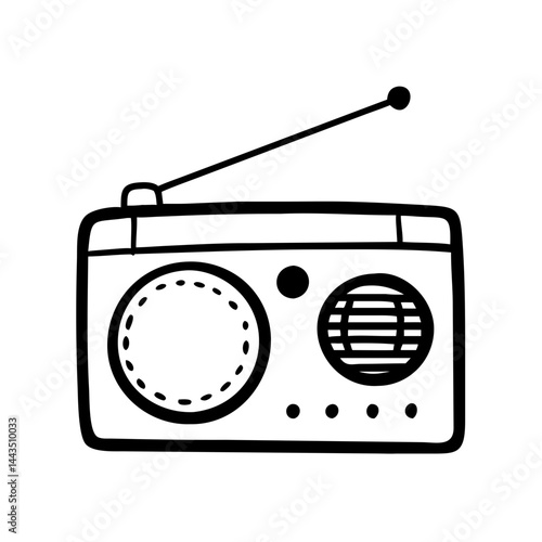 Vintage portable radio receiver with antenna illustration in minimalist black outline
