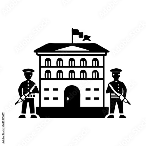Monochromatic illustration of a building with guards and a waving flag