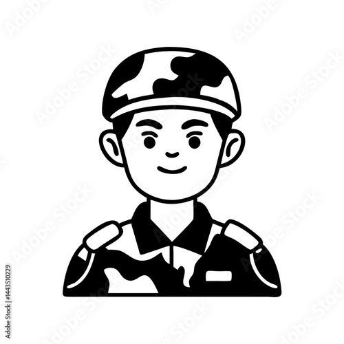 Cartoon style soldier in camouflage uniform and helmet illustration on white background