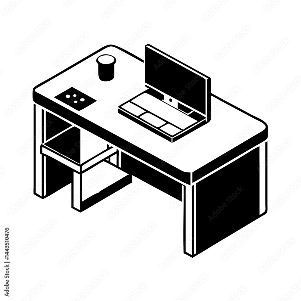 Isometric view of a computer workstation consisting of a desk and monitor Isometric view of a computer workstation consisting of a desk and monitor