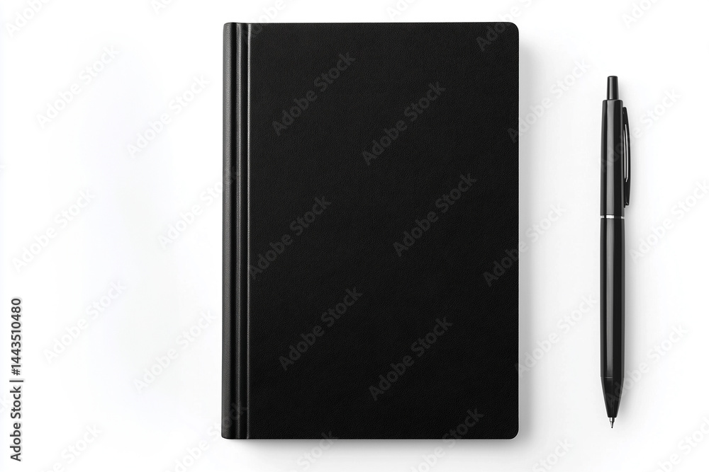 Black notebook and pen on white background.