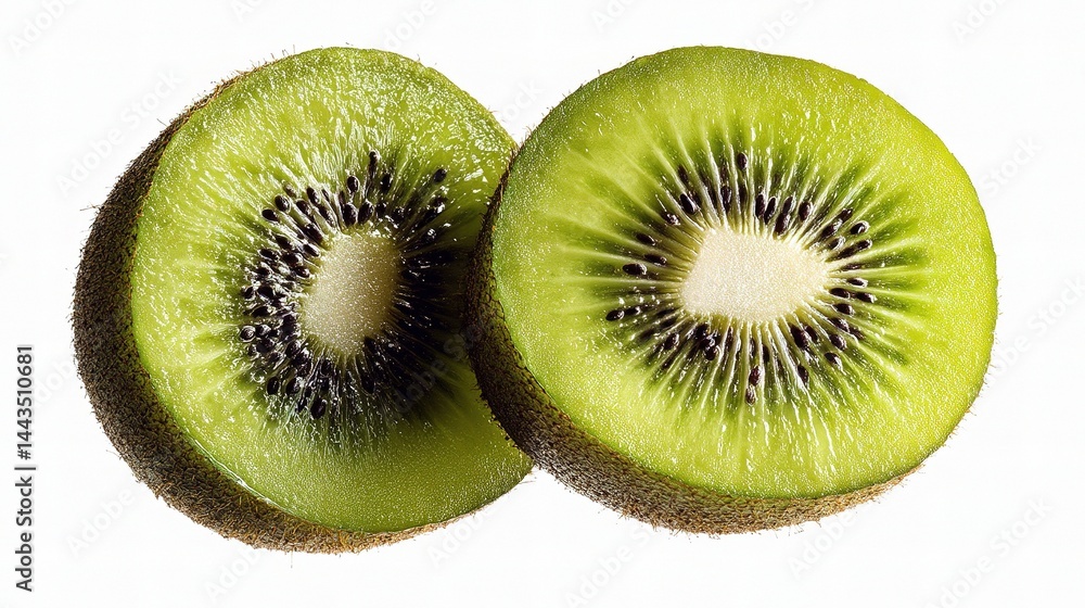 Fototapeta premium Fresh Sliced Kiwi Fruit Showing Bright Green Flesh and Seeds