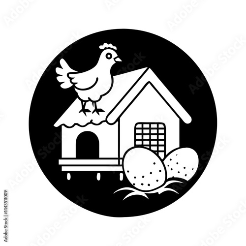 Chicken on a coop roof, with eggs, in black and white drawing