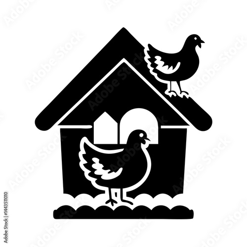 Two Silhouetted Chickens, One Inside a Chicken Coop, on a Cloudy Surface