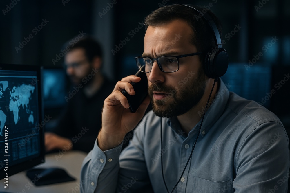 Professional Man Working Late in Office While on Phone Call With Headset and Computer Screens