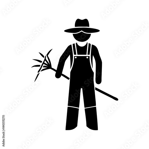 Graphic icon of a farmer wearing a hat and holding a rake