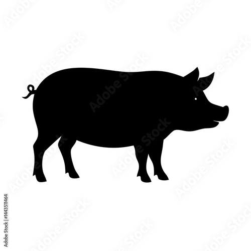 Silhouette of a domestic pig standing profile on a white background