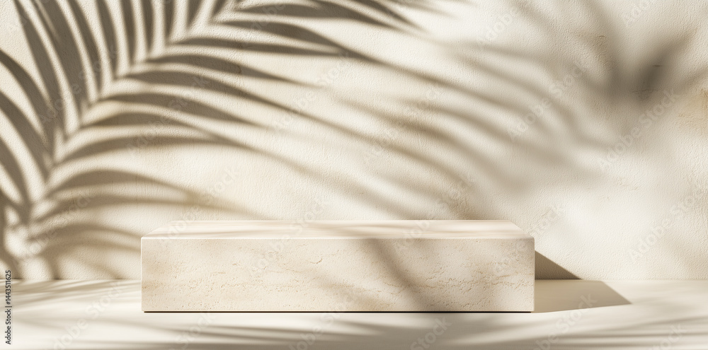 Stone podium with palm leaf shadows on a beige wall.