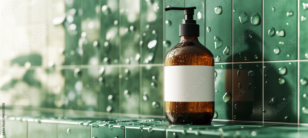 Amber pump bottle with a blank label placed on a shelf against glossy green tiled wall with water droplets.
