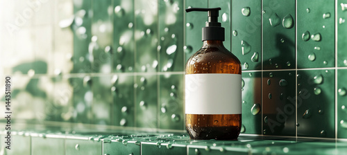 Obraz na płótnie Amber pump bottle with a blank label placed on a shelf against glossy green tiled wall with water droplets. w salonie