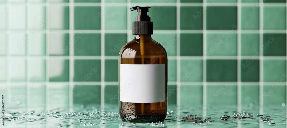 Amber pump bottle with a blank label placed on a shelf against glossy green tiled wall with water droplets.