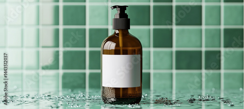 Obraz na płótnie Amber pump bottle with a blank label placed on a shelf against glossy green tiled wall with water droplets. w salonie