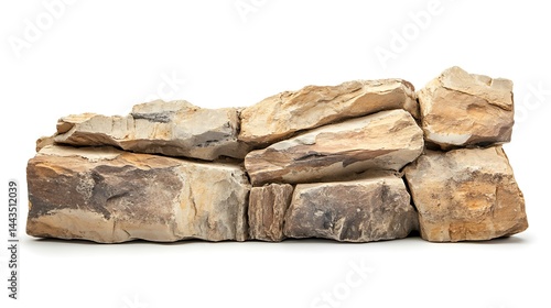  of a stacked stone wall on a white background  