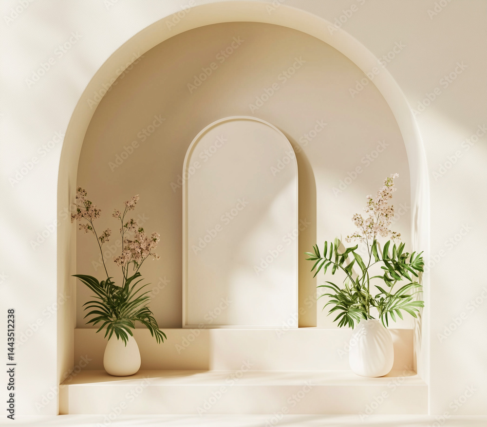Minimalist arched niche with a black vase holding dried flowers and a framed blank canvas leaning against the wall.