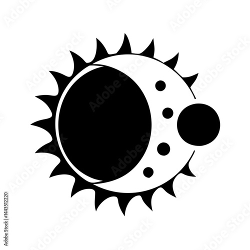 Solar eclipse with planets and sun rays, a celestial black and white icon