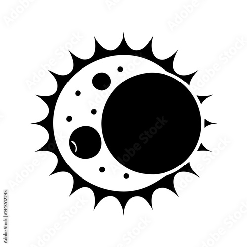 Stylized Black and White Solar Eclipse Illustration with Sharp Points and Spheres