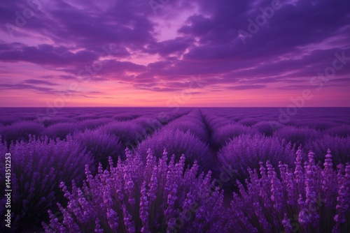 Colorful Lavender Fields Under a Vibrant Purple Sunset With Dramatic Clouds