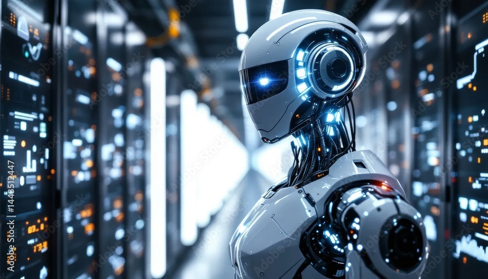 Futuristic AI Robot in Data Center: Cutting-Edge Technology and Digital Innovation Futuristic AI Robot in Data Center: Cutting-Edge Technology and Digital Innovation