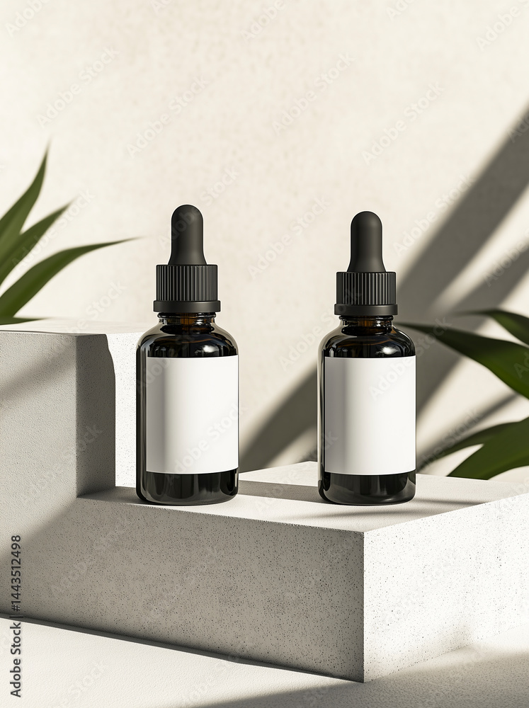 Two amber dropper bottles on a white podium.