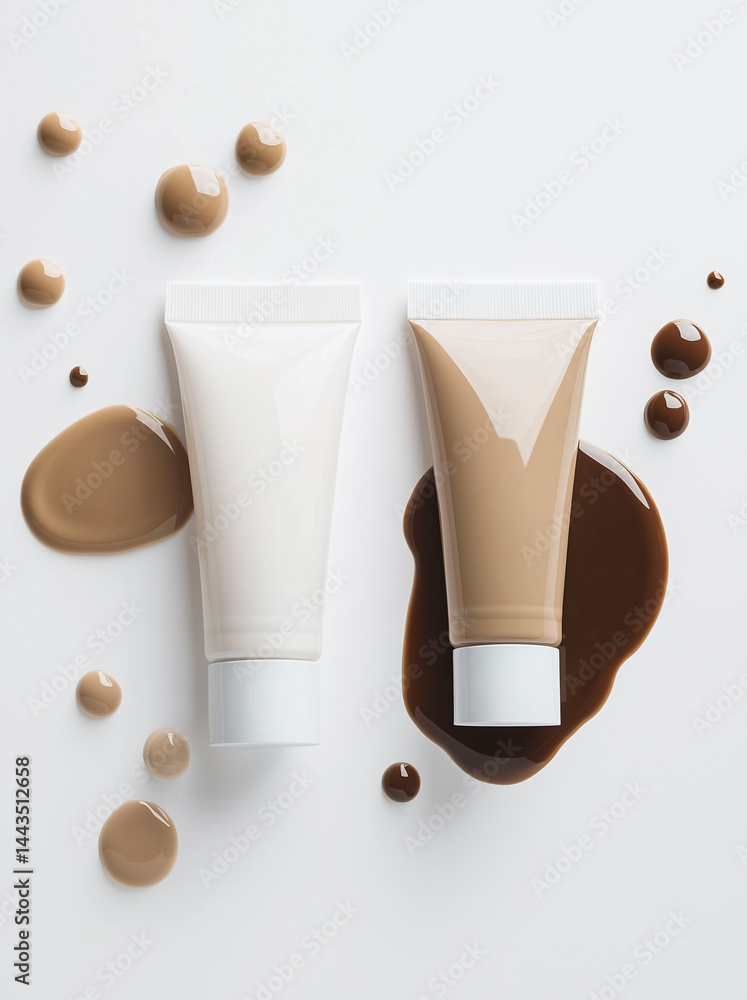 Two cosmetic tubes in beige and white with product smears around them.