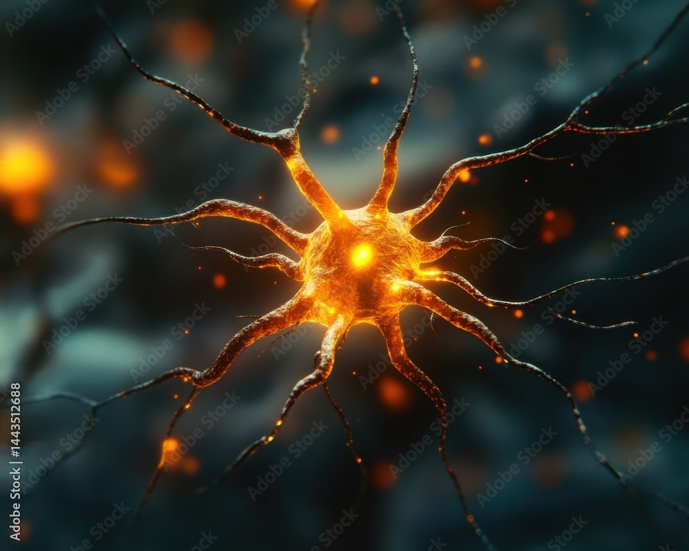 A lone neuron, glowing softly with synapses firing, on a minimalistic background with clear copyspace for additional design elements or text A lone neuron, glowing softly with synapses firing, on a minimalistic background with clear copyspace for additional design elements or text