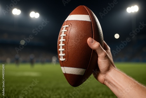 Player Holds Brown Football Ready for Play on Green Field Under Stadium Lights