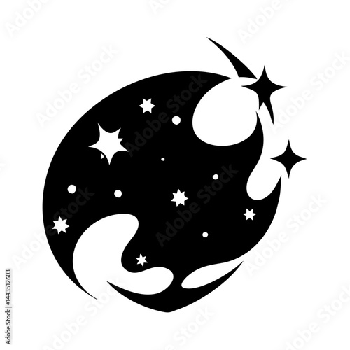 Stylized Atom or Futuristic Orbiting Satellite in Black and White Icon