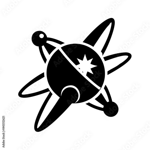 Stylized Atom or Futuristic Orbiting Satellite in Black and White Icon