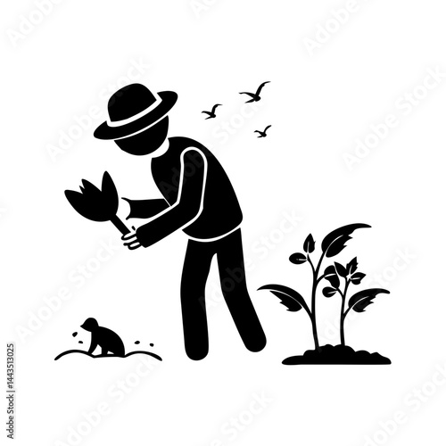 Stick figure gardener tending to plants with birds flying overhead in black