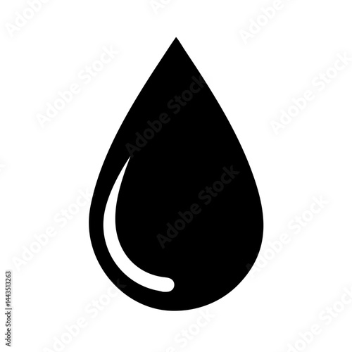 Stylized Black Water Droplet with Reflective Glare on a White Background