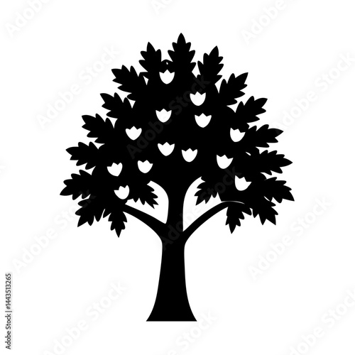 Monochrome silhouette of a fruit tree laden with blooming flowers or fruit