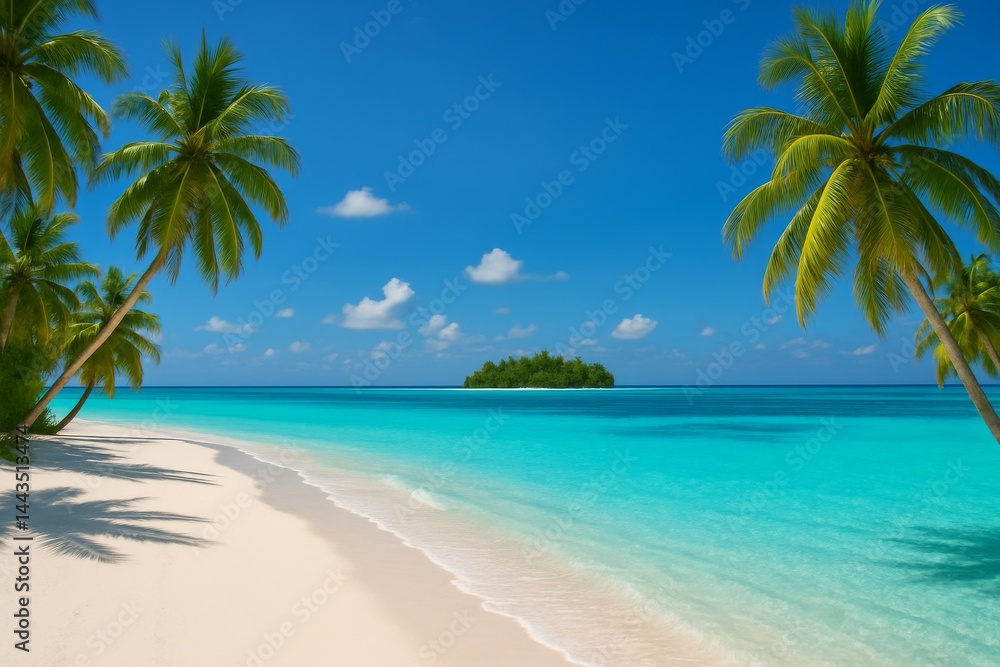 Tropical Beach With Clear Turquoise Water and Palm Trees Under a Bright Blue Sky Tropical Beach With Clear Turquoise Water and Palm Trees Under a Bright Blue Sky