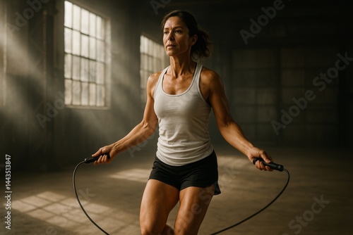Fit Woman Skipping Rope in a Gym With Warm Light During Afternoon Workout Ses...