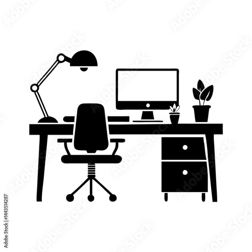 Iconic Workplace Scene Computer, Desk Lamp, Chair and Plants in Monochrome