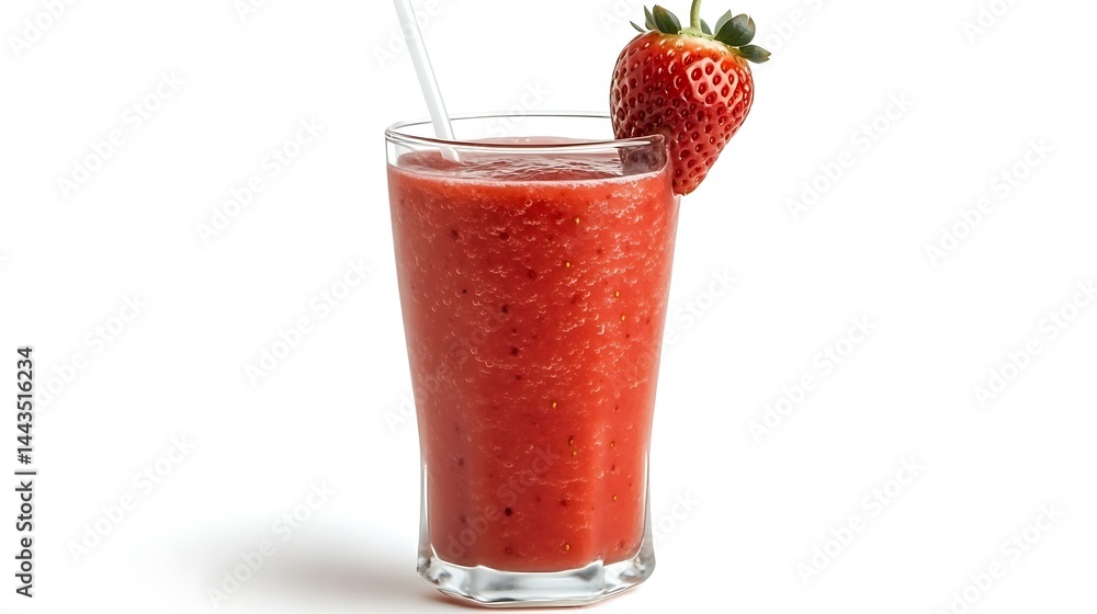 A strawberry smoothie in a clear glass with a straw and garnish A strawberry smoothie in a clear glass with a straw and garnish