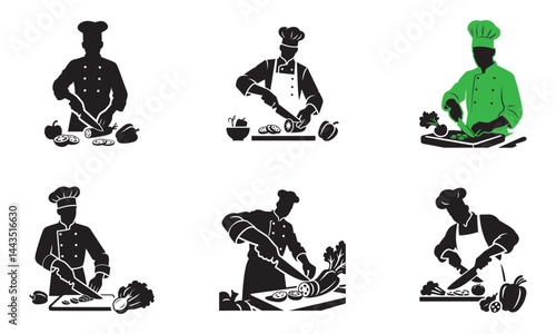Chef Cutting Vegetables Silhouette – Clean Black Vector on White Background, Professional Chef at Work – Black and White Cooking Illustration