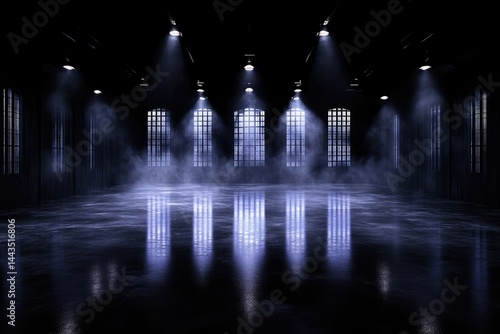 Empty dark studio stage with bright spotlights shining down on a reflective wet floor amidst thick fog and illuminated grid windows.