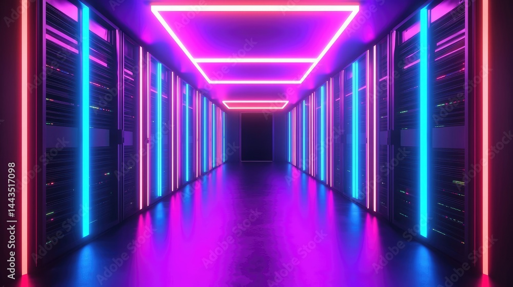 Futuristic server room with vibrant neon pink and blue lights along ceiling and racks, ideal for AI, metaverse, tech innovation, and sci-fi digital concepts Futuristic server room with vibrant neon pink and blue lights along ceiling and racks, ideal for AI, metaverse, tech innovation, and sci-fi digital concepts
