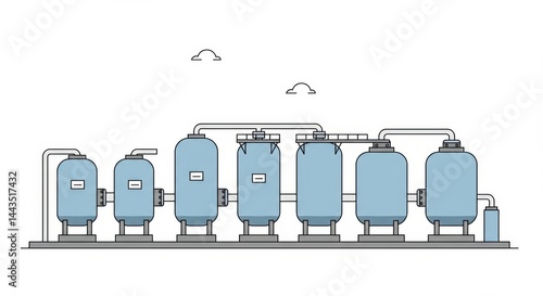 Minimalist flat graphic art of a water treatment facility with filtration tanks