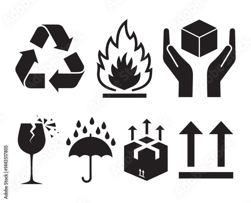 Shipping and Handling Symbols Set , Common packaging And warning symbols , Handle with care, Fragile, Recycling , This side up, Fragile, Recycle, Flammable, Safety Icons ,