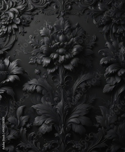 Luxurious black floral wallpaper, rich charcoal hues, ornate pattern , details, interior design wallpaper