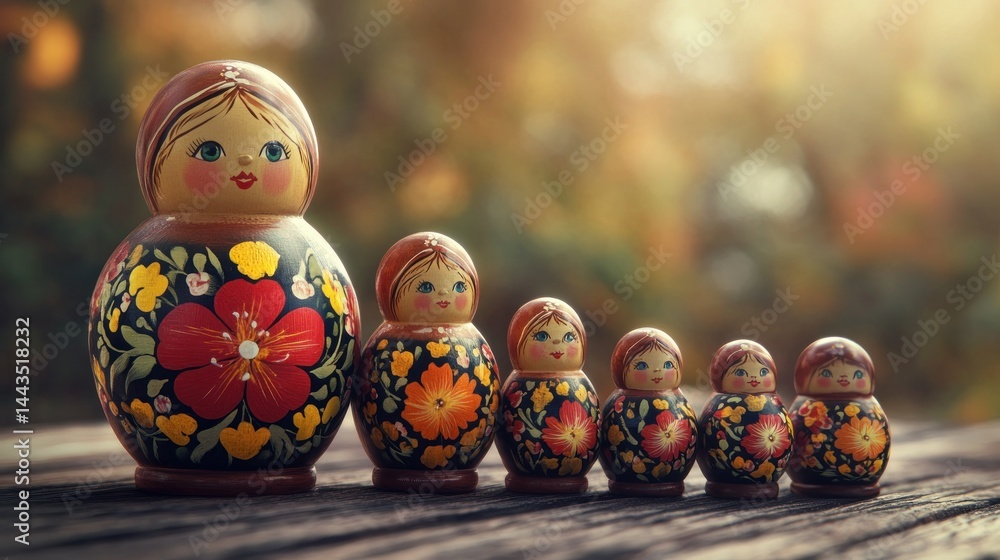 Fototapeta premium Nested wooden dolls in a row, traditional Russian folk art