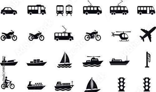 Transportation, vehicle icon set. Vector glyph pictograms of travel, logistics, public transit concepts, car, train, bus, bicycle, boat, and airplane black silhouette