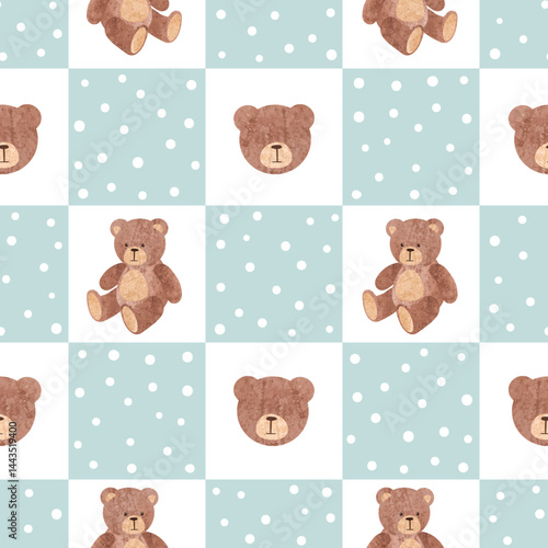 Cute little teddy bear seamless pattern. Vector checkered print for kids