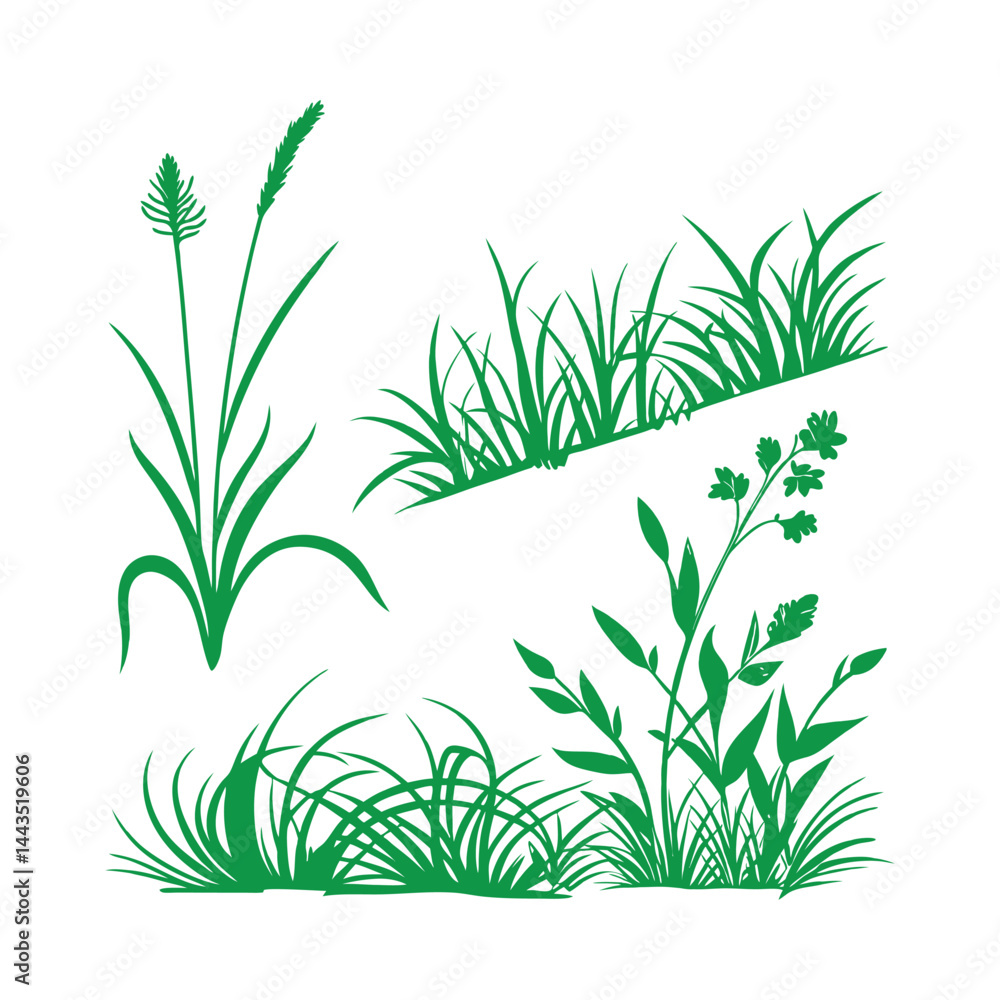 Fototapeta premium Set of green grass and weed illustrations