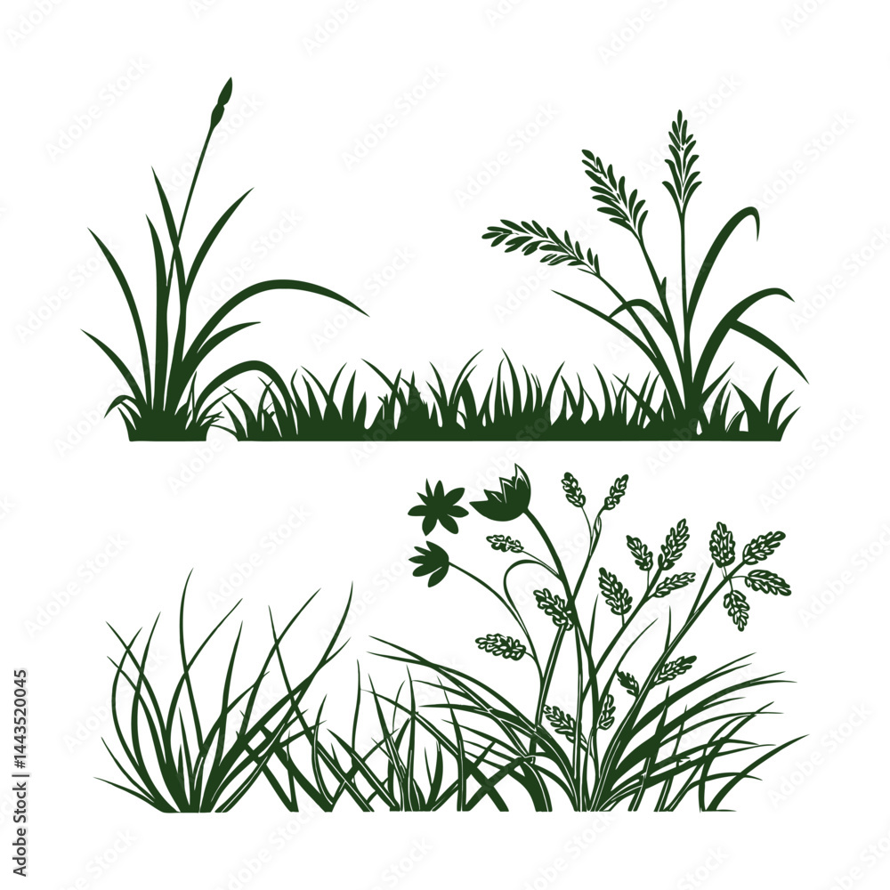 Fototapeta premium Set of 2 grass and foliage illustrations vector
