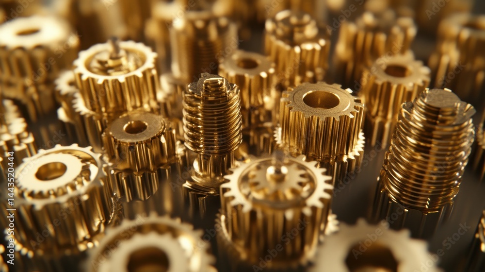 A close up of a large number of gears, some of which are gold A close up of a large number of gears, some of which are gold