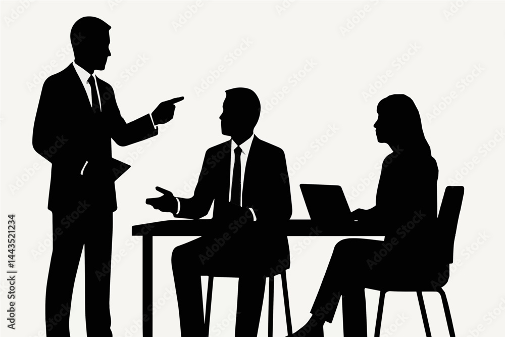 Obraz premium Silhouettes of three business people in meeting with one standing and two seated 