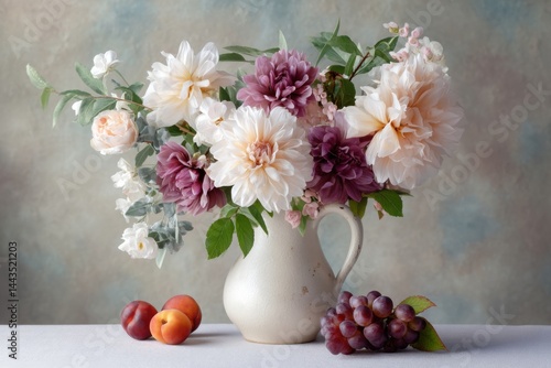 Wallpaper Mural Elegant floral arrangement featuring soft pastel dahlias and delicate blossoms in a vintage pitcher, complemented by fresh fruits on a textured surface, creating a serene atmosphere Torontodigital.ca