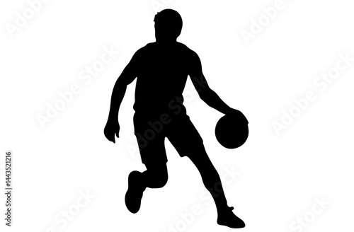 Silhouette of male basketball player dribbling ball in dynamic pose on white background
